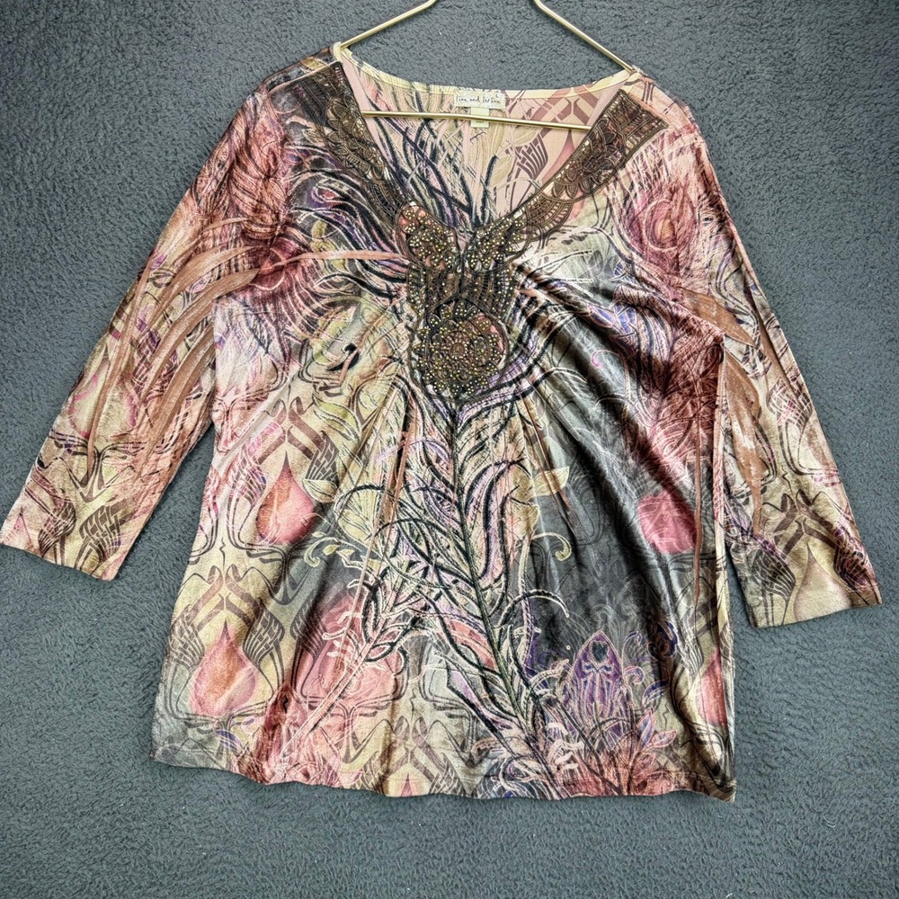 Live and Let Live Womens Large Peacock Print Embellished V-Neck Top Brown Pink